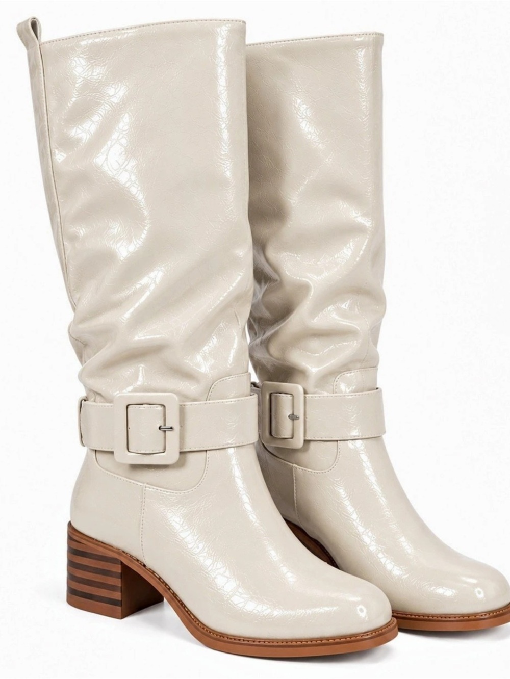 FRJR Women’s Knee High Riding Boots Cream Ivory Buckle Block Heel Size 9 NIB